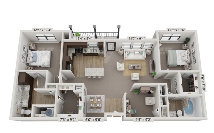 a 2 bedroom floor plan with a bathroom and a kitchen